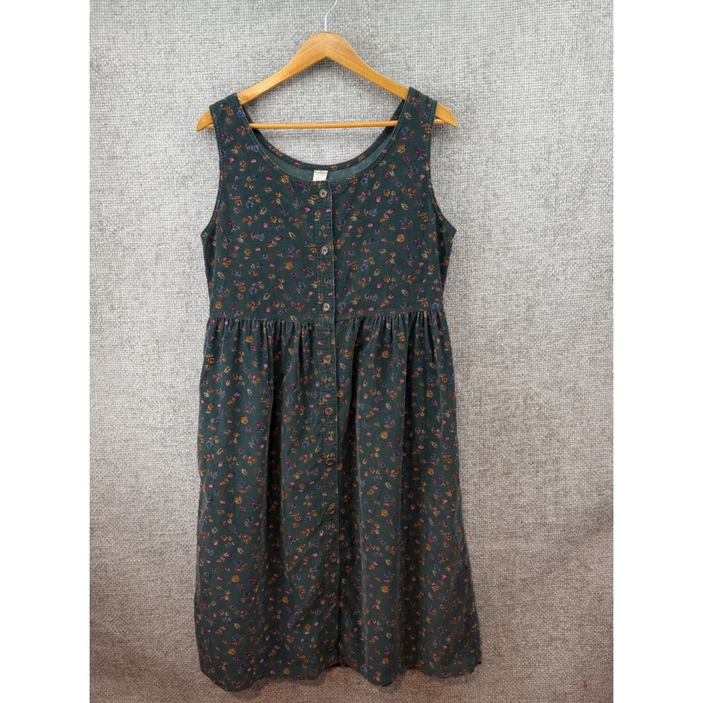 Vintage LL Bean Corduroy Dress Women's L Green Floral Button Front Midi Pockets - Picture 3 of 10